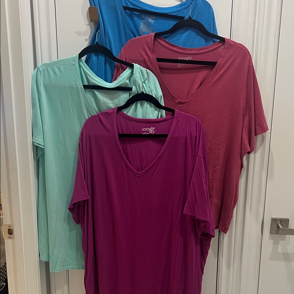 Terra & Sky V-Neck Short Sleeve Tops - Blue, Mint, Pink, Magenta